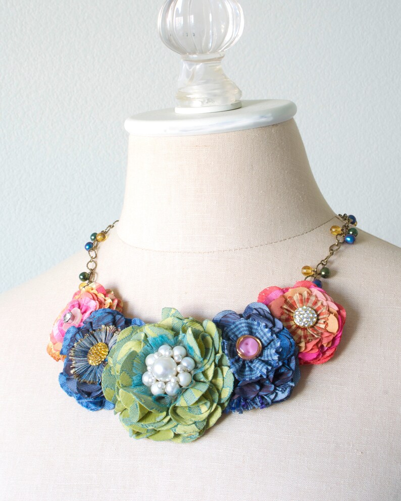 Fabric Flower Necklace Colorful Floral Textile Necklace Etsy