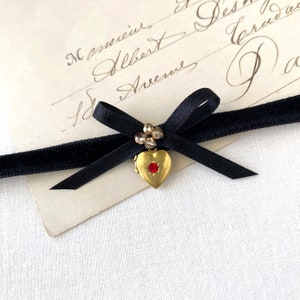 Dainty Heart Locket Necklace - Thin Black Velvet Ribbon Choker