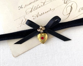 Small Heart Locket Necklace - Thin Black Velvet Ribbon Choker - Valentines Day Gift for Her