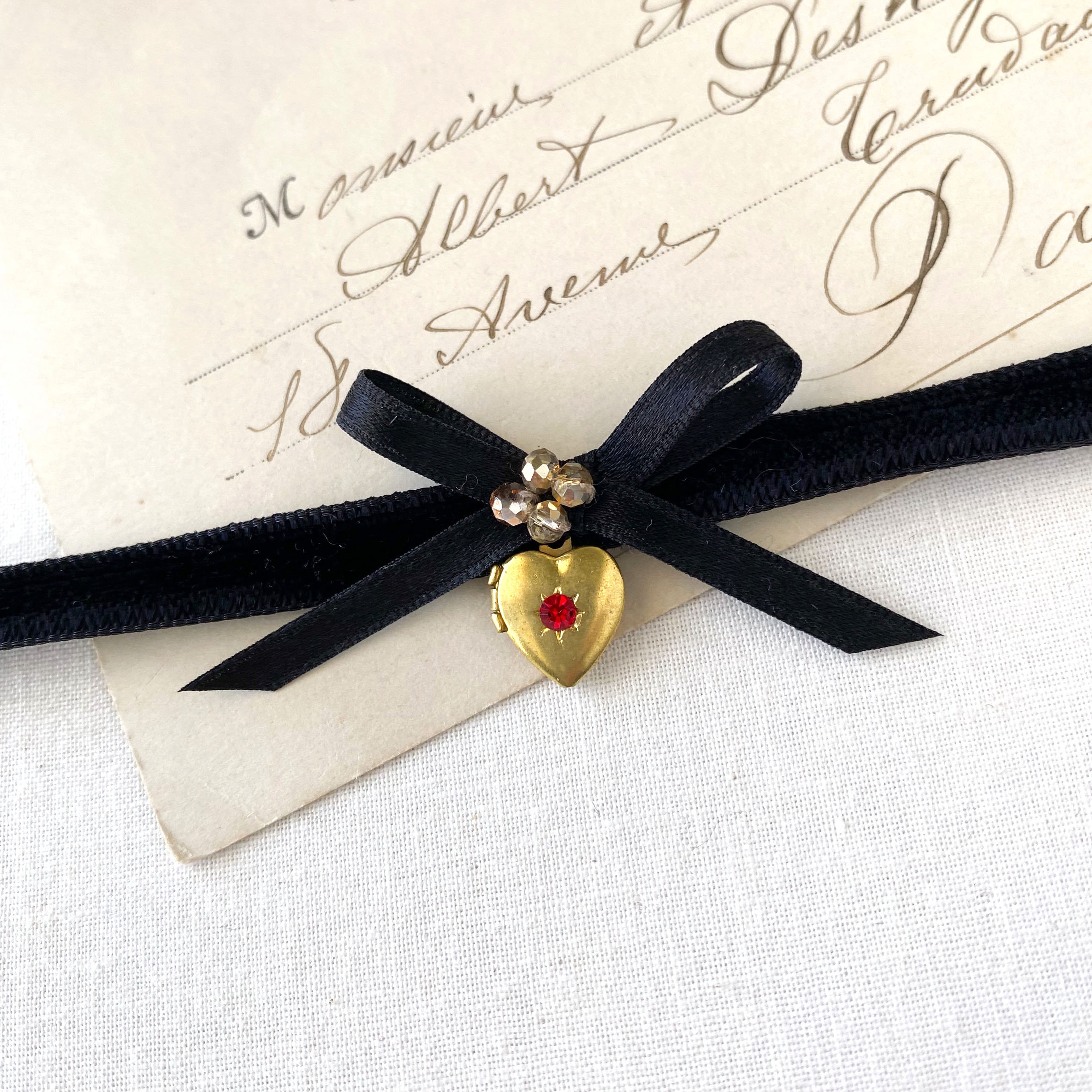 Dainty Heart Locket Necklace - Thin Black Velvet Ribbon Choker