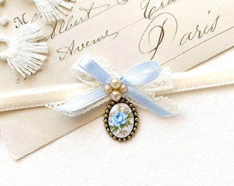 Blue Rose Necklace - Dainty Velvet Choker with Lace Ribbon Bow - Prom Jewelry
