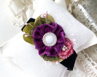 Purple Flower Bracelet - Velvet Ribbon Bracelet - Floral Cuff - Wrist Corsage - Teen Girls Gifts - Bridesmaid Bracelets