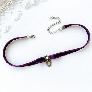 Purple Choker with Rhinestone Heart Charm Velvet Ribbon Necklace Girlfriend Gift Renaissance Fair Festival Boho Jewelry image 2