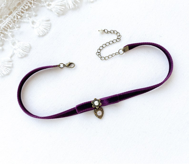 Purple Choker with Rhinestone Heart Charm Velvet Ribbon Necklace Girlfriend Gift Renaissance Fair Festival Boho Jewelry image 2