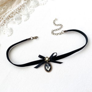 Thin Black Velvet Ribbon Bow Choker Lily of the Valley Flower Necklace image 2