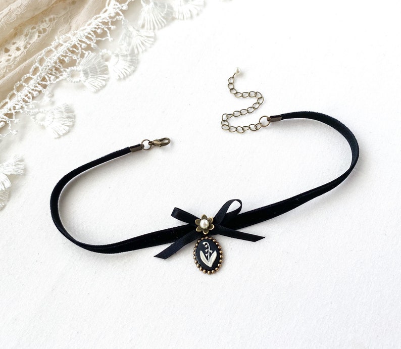 Thin Black Velvet Ribbon Bow Choker Lily of the Valley Flower Necklace image 2