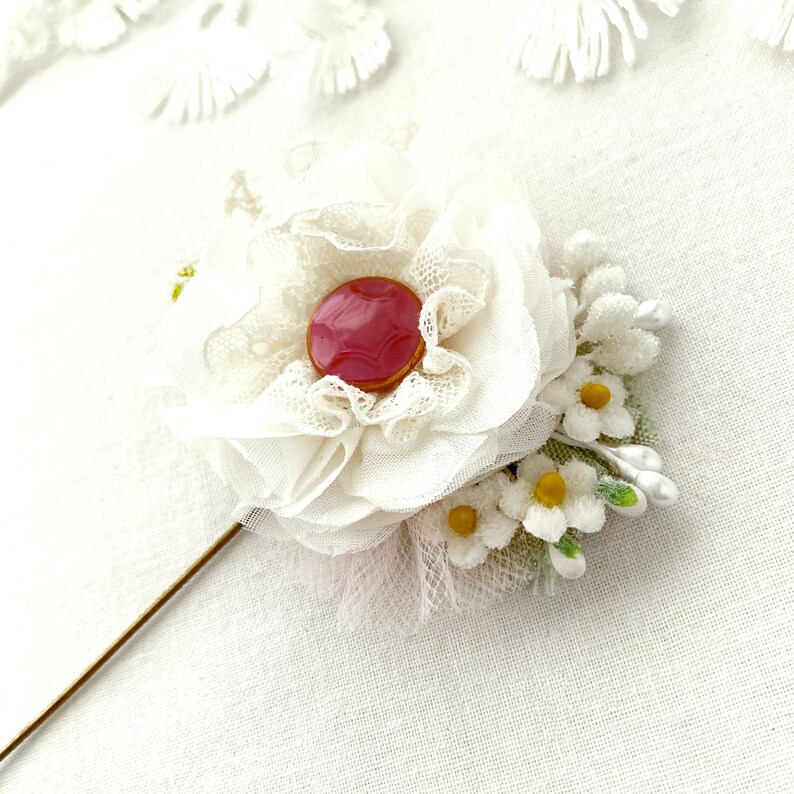 White Fabric Flower Brooch for Lapels or Hats Floral Stick Pin Boutonniere image 3