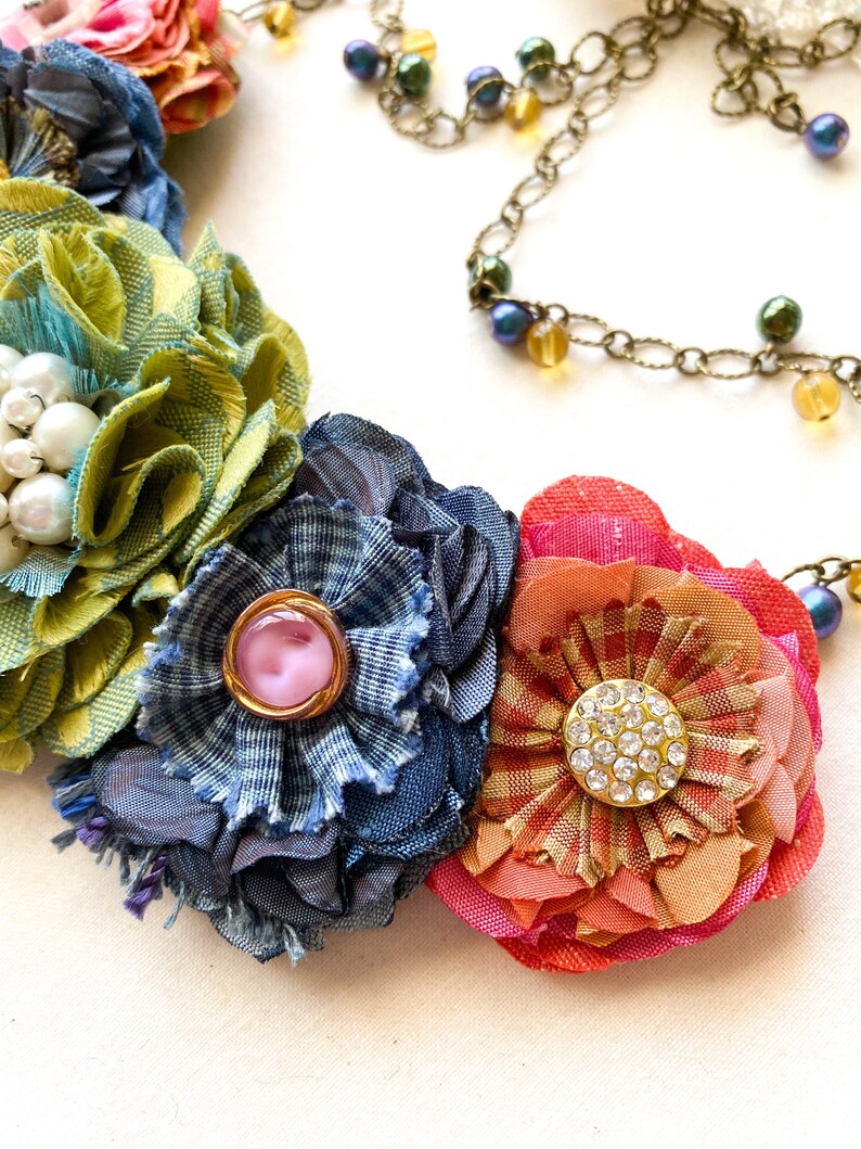 Fabric Flower Necklace Colorful Floral Textile Necklace Etsy