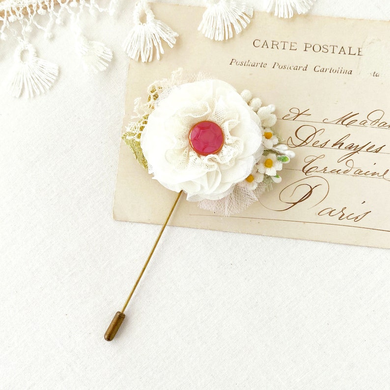 White Fabric Flower Brooch for Lapels or Hats Floral Stick Pin Boutonniere image 1