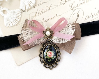 Romantic Necklace with Rose Cameo Pendant - Bow Choker