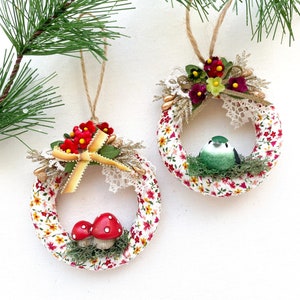 Mushroom Ornament Christmas Tree Ornament Mini Wreath Secret Santa Present Cottage Christmas Decor image 3