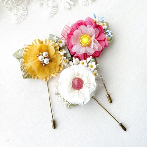 White Fabric Flower Brooch for Lapels or Hats Floral Stick Pin Boutonniere image 4