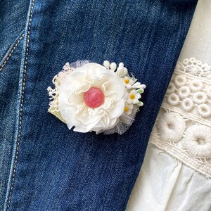 White Fabric Flower Brooch for Lapels or Hats Floral Stick Pin Boutonniere image 2