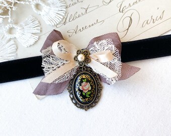 Victorian Steampunk Necklace with Black Floral Cameo - Velvet Ribbon Bow Tie Choker