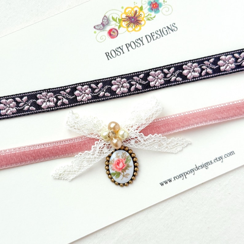 Black and Pink Floral Ribbon Choker Necklace - Etsy