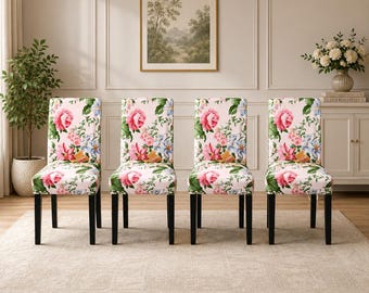 Floral Dining Chair Covers, Stretchable Blossom Print Seat Protectors (Set of 4 or 6)