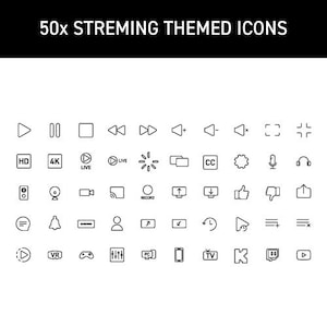 Könnte beinhalten: Ein Satz von 50 Schwarzweiß-Linien-Icons zum Thema Streaming. Die Icons beinhalten Play, Pause, Zurückspulen, Vorspulen, Lautstärke, HD, 4K, Live, Aufnahme, Mikrofon, Kopfhörer, Daumen hoch, Daumen runter, Chat, Benachrichtigung, Benutzer, VR, Gamecontroller, Equalizer, PC, Telefon, TV, Twitch und mehr.