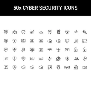 May include: A set of 50 black and white line icons depicting various cybersecurity concepts, including locks, shields, firewalls, and data encryption.