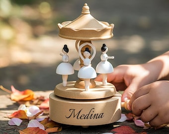 Rotating Carousel Baby Music Box – Custom Engraved Name, Wooden Keepsake Gift for Birthdays & Showers