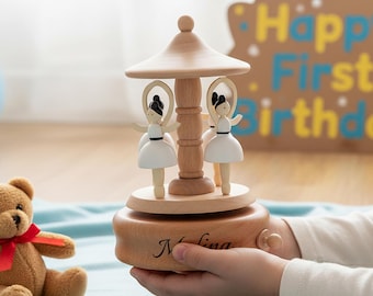 Wooden Carousel Baby Name Music Box – Custom Engraved, Newborn Keepsake Gift for Birthdays & Showers