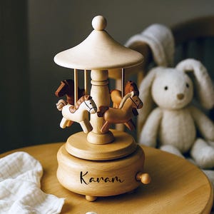 Personalized Wooden Carousel Music Box – Newborn Baby Keepsake
