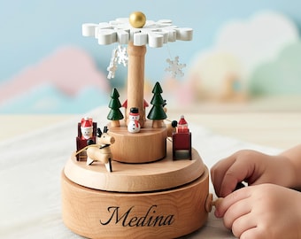 Christmas Wooden Carousel Baby Name Music Box – Personalized Newborn Xmas Keepsake Gift