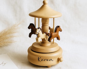 Personalized Baby Carousel Music Box – Handmade Wooden Keepsake