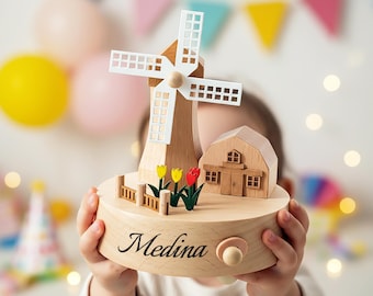 Custom Name Wooden Carousel Music Box – Personalized Baby Keepsake