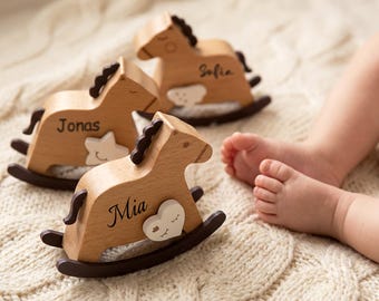 Personalized Wooden Rocking Horse Music Box, Handmade Baby Nursery Decor, Wind-Up Musical Toy, Baby Shower Gift, Newborn Montessori Keepsake