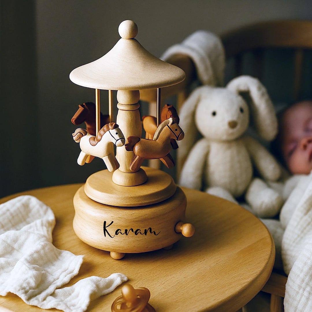 Personalized Wooden Carousel Music Box – Newborn Baby Keepsake