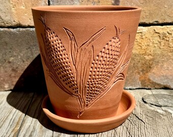 Earthenware Planter Pot, Corn Art, Herb Planter, Flower Pot, Pottery Planter, Corn Pottery, Indoor Outdoor Planter with Drain Hole and Dish.