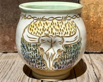 Cow Skull Pottery Cup, Wildflowers Pottery, Barbed Wire Art, Ceramic Wine Cup, Western Style Pottery, New Mexico Pottery, Cynthia McDowell