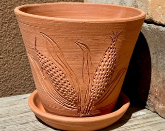 Earthenware Planter Pot, Corn Art, Herb Planter, Flower Pot, Pottery Planter, Corn Pottery, Indoor Outdoor Planter with Drain Hole and Dish.