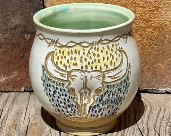 Cow Skull Pottery Cup, Wildflowers Pottery, Barbed Wire Art, Ceramic Wine Cup, Western Style Pottery, New Mexico Pottery, Cynthia McDowell