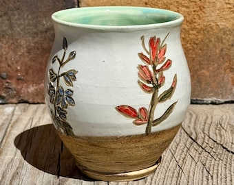 Wildflowers Pottery Cup, Delphinium Flower, Indian Paintbrush Art, Ceramic Wine Cup, Mountain Flower, Floral Pottery Cup, Nature Lover Gift