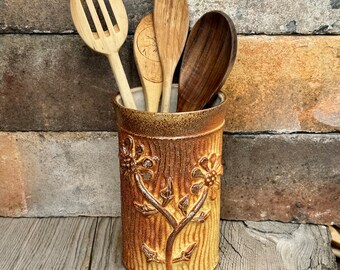 Stoneware Utensil Holder, Coffee Canister, Ceramic Jar with Cork, Floral Jar, Kitchen Jar, Dog Treat Jar, Rustic Pottery Vase.