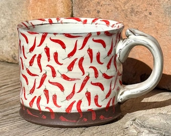 Chili Pepper Pottery Mug with Thumbrest, Hot and Spicy Coffee Mug.