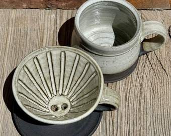 Ceramic Coffee Pourover and Mug Set, Black and White Pottery, Coffee Dripper, Pottery Mug, Coffee Gifts, Mininalist Kitchen.