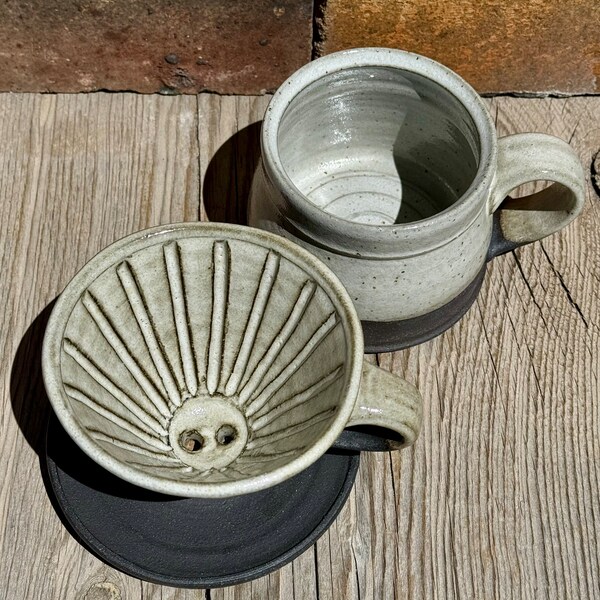 Ceramic Coffee Pourover and Mug Set, Black and White Pottery, Coffee Dripper, Pottery Mug, Coffee Gifts, Mininalist Kitchen.