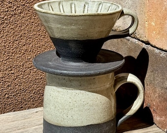 Ceramic Coffee Pourover and Mug Set, Black and White Pottery, Coffee Dripper, Pottery Mug, Coffee Gifts, Cynthia McDowell.