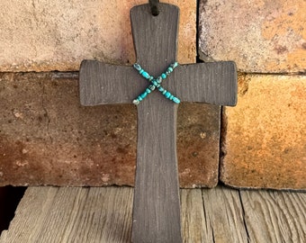 Black Ceramic Cross with Turquoise Beads, Rugged Cross, Wall Hanging Cross with Leather Loop, Religious, Christian Art.