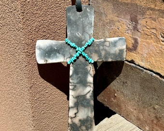 Pit Fired Ceramic Cross, Horse Hair Pottery, Rugged Cross, Wall Hanging Cross with Turquoise Beads, Religious, Christian Art.