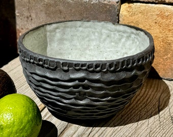 Black Pottery Bowl, Coiled Bowl, Salad Bowl, Guacamole Bowl, Textural Bowl, Corrugated Pottery Bowl, Soup Bowl, Earthfired Pottery.