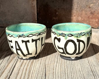 Have Faith, Praise God Pottery Cups, Western Style, Cowboy Gifts, Barbed Wire Art, Ceramic Shot Glasses, Southwest Pottery, Religious Art.