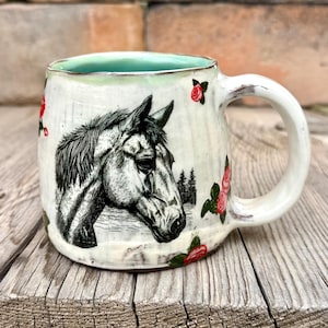 Horse and Roses Pottery Mug, Cowgirl Equine Art Coffee Cup