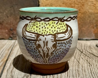 Cow Skull Pottery Cup, Wildflowers Pottery, Barbed Wire Art, Ceramic Wine Cup, Western Style Pottery, New Mexico Pottery, Cowboy Art.