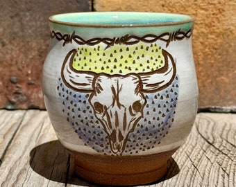 Cow Skull Pottery Cup, Wildflowers Pottery, Barbed Wire Art, Ceramic Wine Cup, Western Style Pottery, New Mexico Pottery, Cowboy Gift.