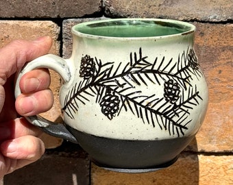 Pine Cone Pottery Mug, Tree Hugger Mug, Tree Lover Gift, Tree Pottery Art, Nature Lover Mug, Ceramic Coffee Mug, Tea Mug.