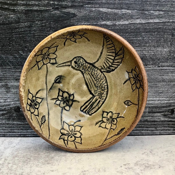 Hummingbird Art, Pottery Bowl, Wheel Thrown Bowl, Wood Fired, Bird Pottery, Bird Lover Gift, Floral Pottery Bowl, Flowers Pottery.