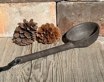 Black Pottery Ladle, Handmade Clay Ladle, Ceramic Scoop, Primitive Serving Spoon with Leather, Southwest Pottery, Earthfired Pottery.